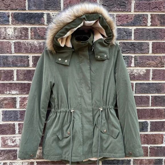 Utility Jacket‎ Army Green Zip Up Hood & Drawstring Waist Fleece Lining Sz Small - Picture 1 of 6